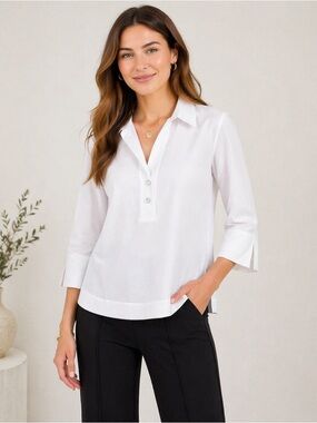 Hinson Wu Aileen M 3/4 Sleeve Split Neck Classic Chic Blouse NWOT